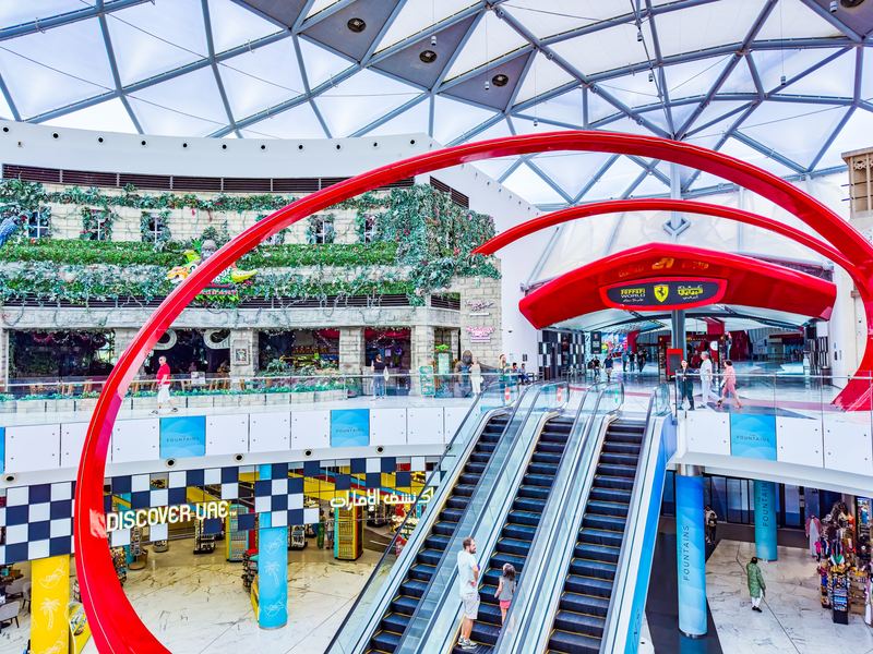 Ferrari World Abu Dhabi entrance concourse with its signature red arch